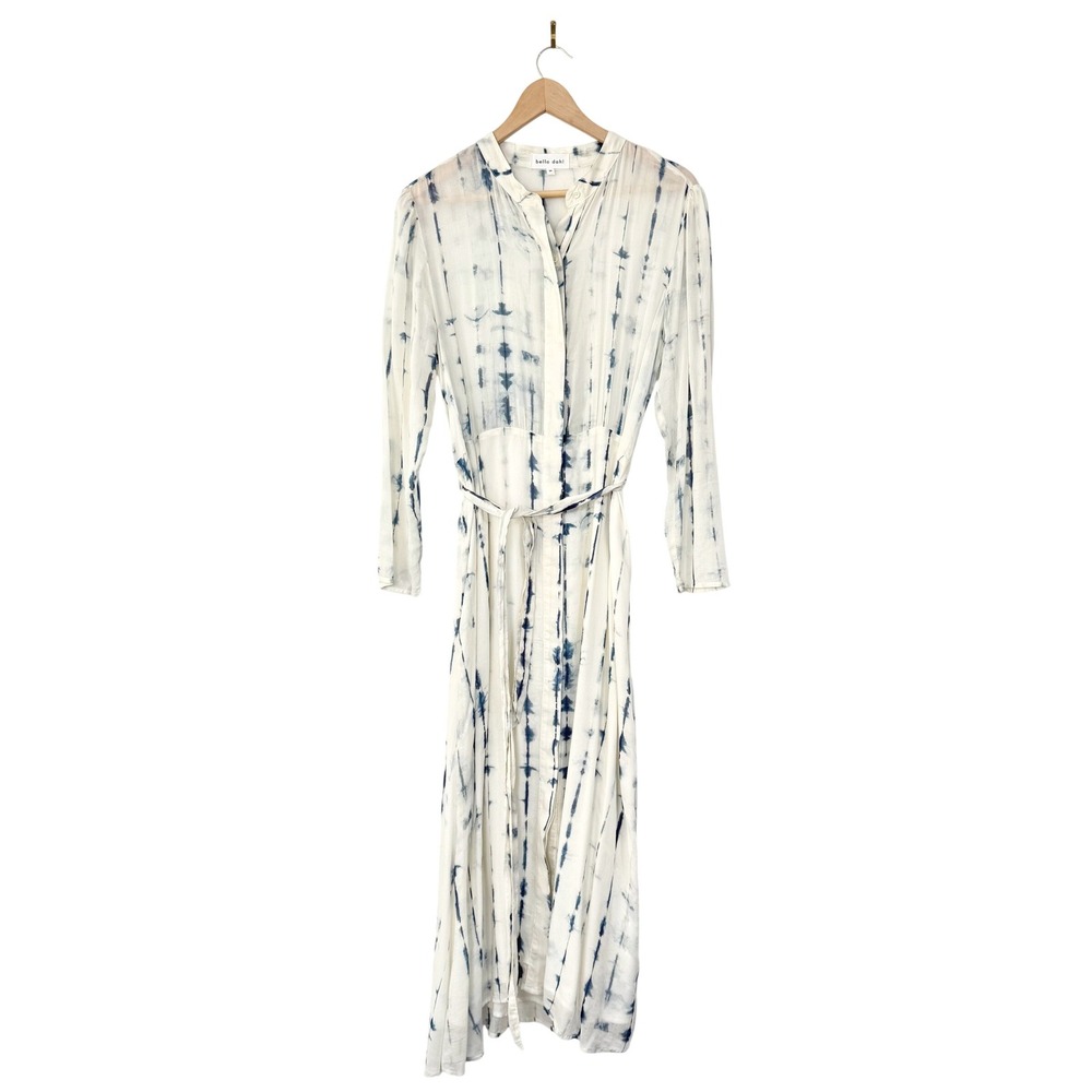 Bella Dahl Women White Blue Tie Dye Rayon Shirt Dress Midi Belted B6438-617 M